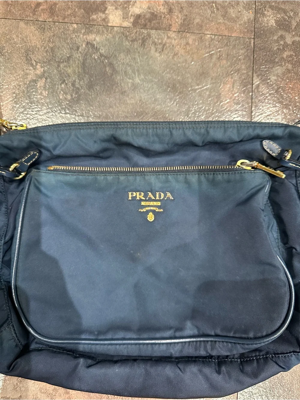 Prada Navy Blue Nylon Hobo with Gold Hardware